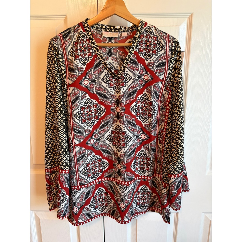 Belle Boho Kim Gravel Paisley V-Neck Tunic Blouse Red Black Small
